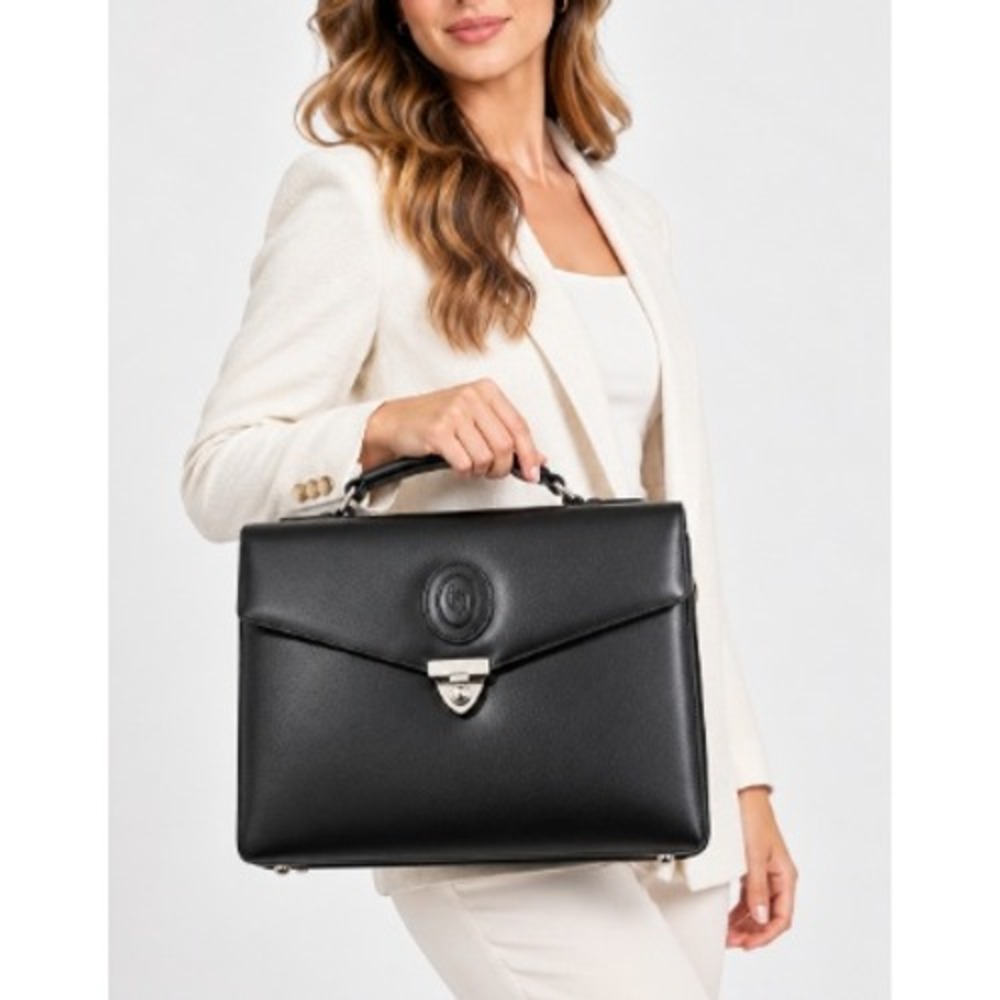 Vintage Black Leather Satchel Top Handle Gold Hardware Crest Logo Briefcase